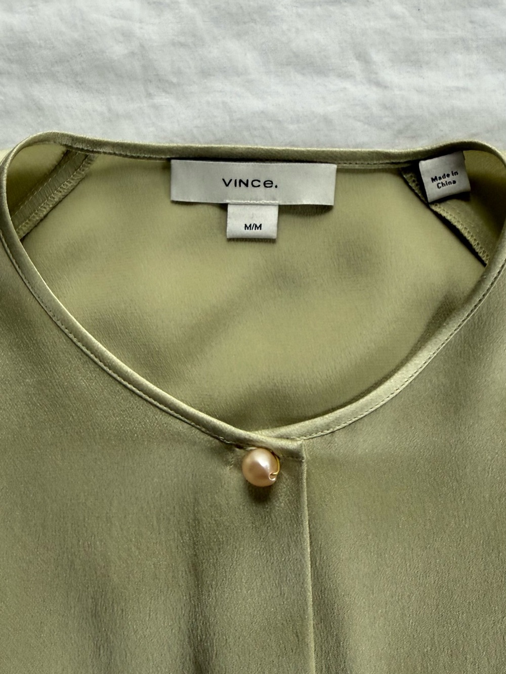 Vince Green 100% Silk Top with Pearl Button Accent